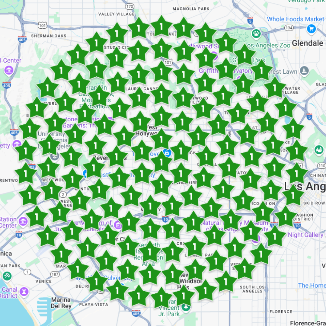 Google Maps displaying numerous #1 ranking positions across Los Angeles neighborhoods for local service businesses
